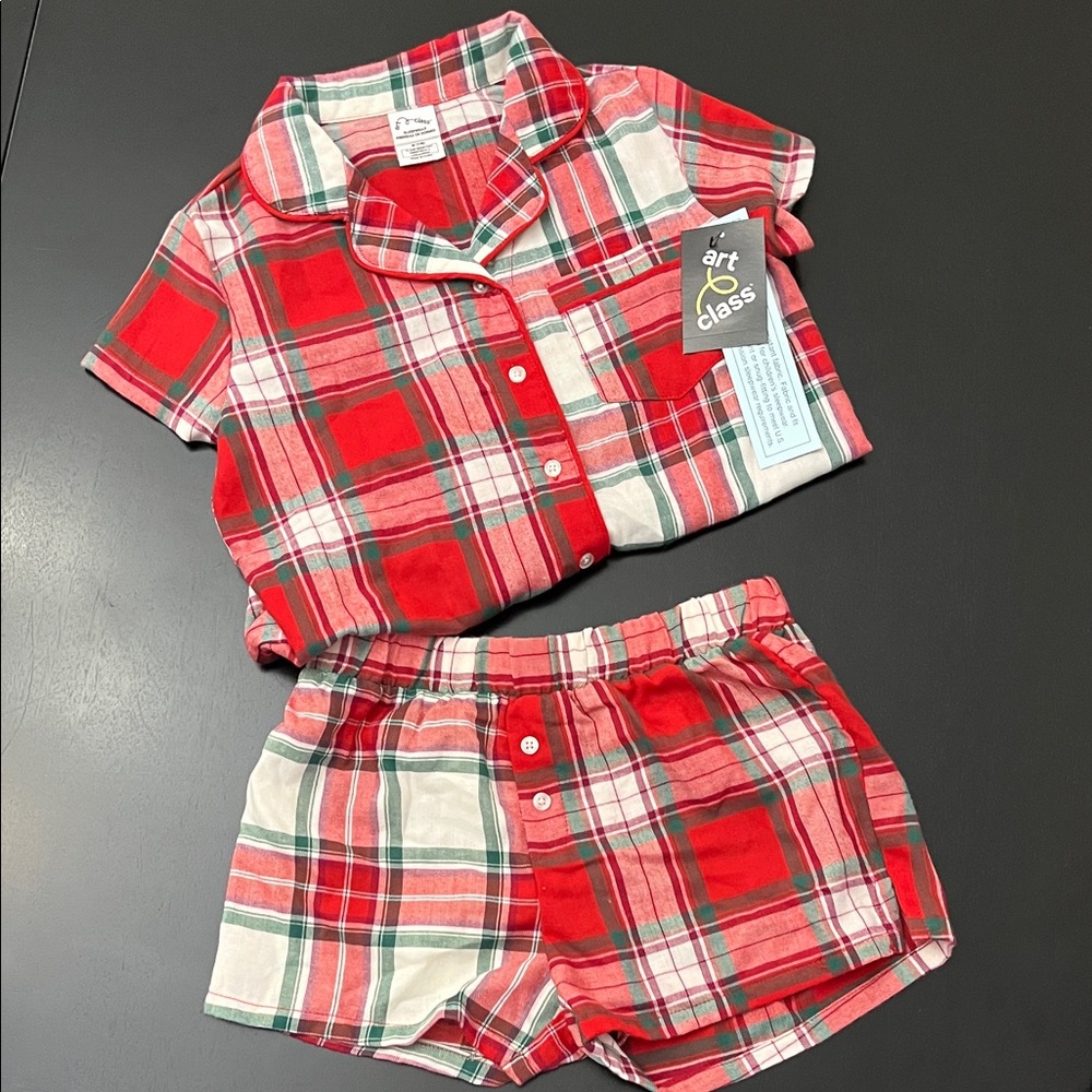 Art Class Red and Green Plaid Kids Pajama Set